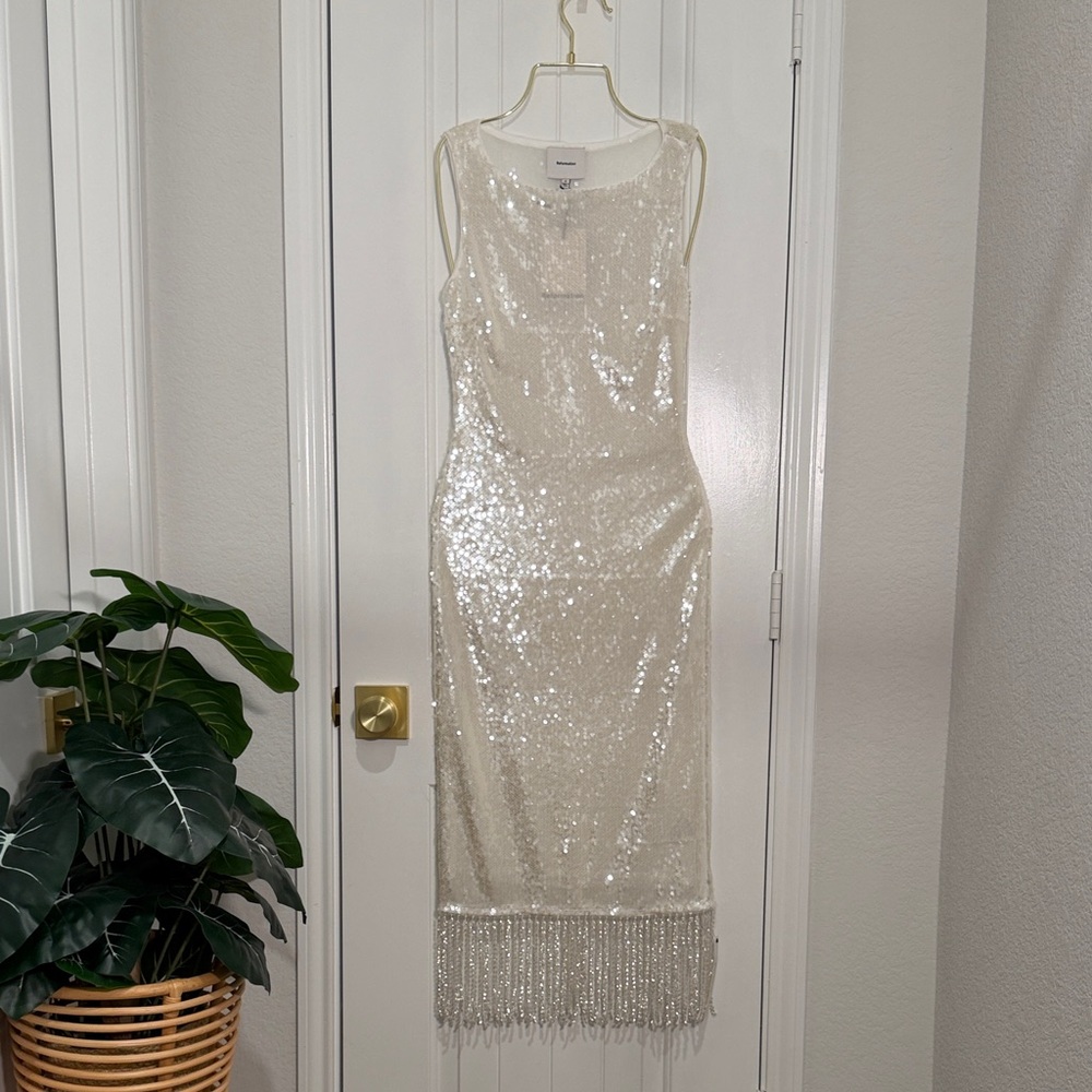 Reformation Ivory Sequin Fringe Midi Dress
